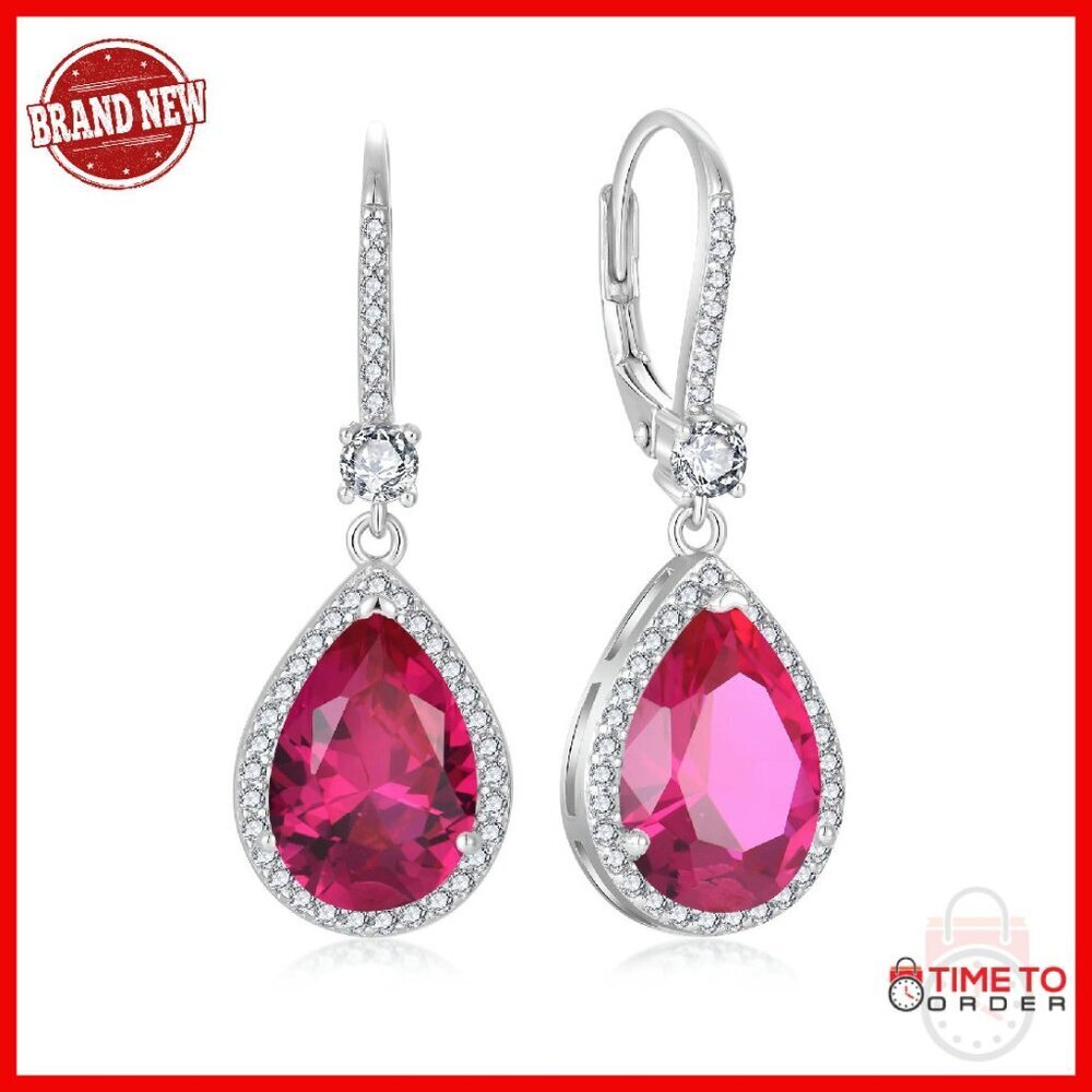 Sterling Silver Leverback Dangle Earrings with Birthstone 30mm